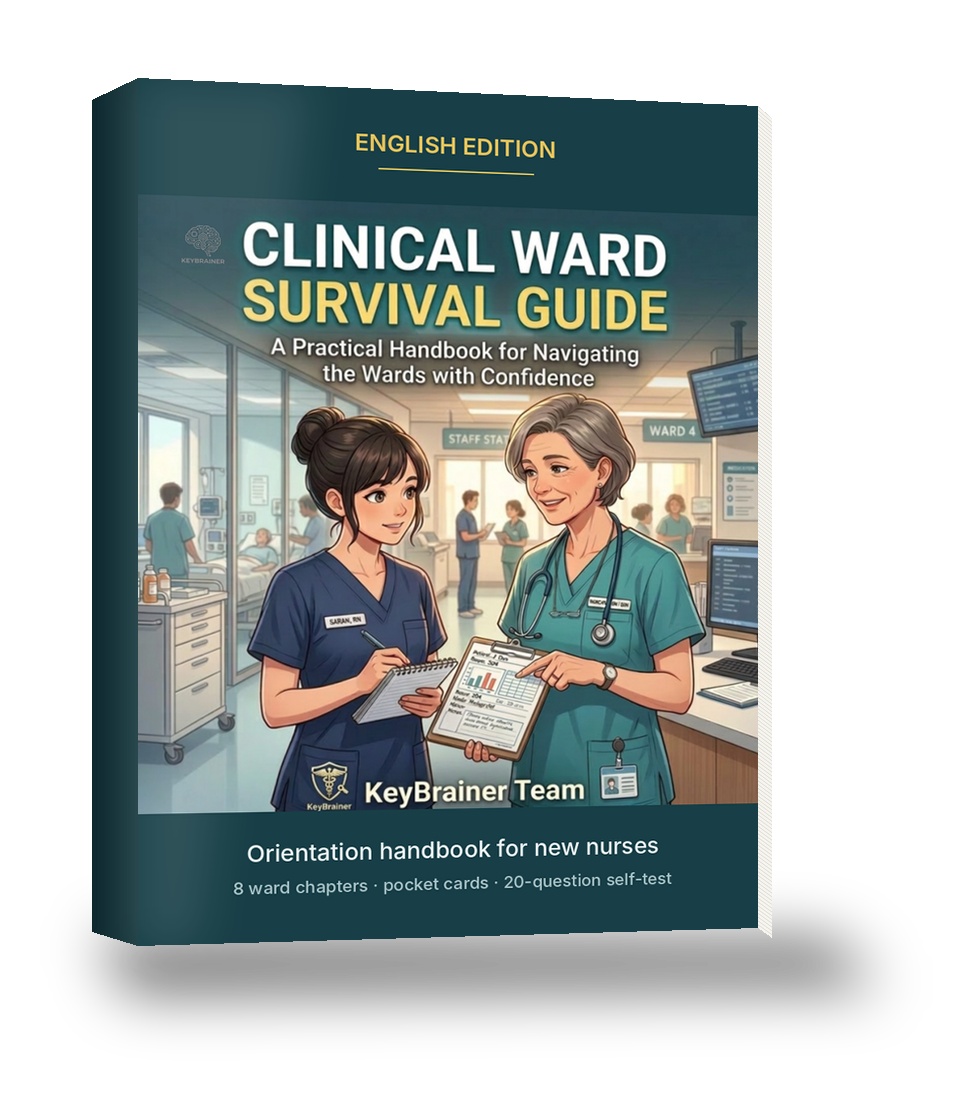 Three-dimensional cover illustration of the English Clinical Ward Survival Guide ebook, showing two nurses on a ward